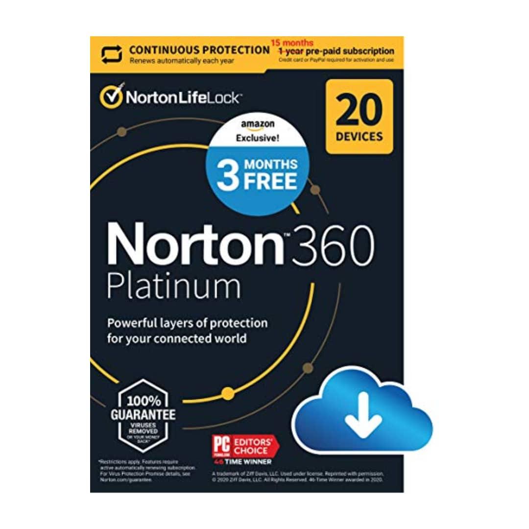 Norton 360 Platinum 2021 – Antivirus software for 20 Devices with Auto Renewal - 3 Months FREE - Includes VPN, PC Cloud Backup & Dark Web Monitoring [Download]
