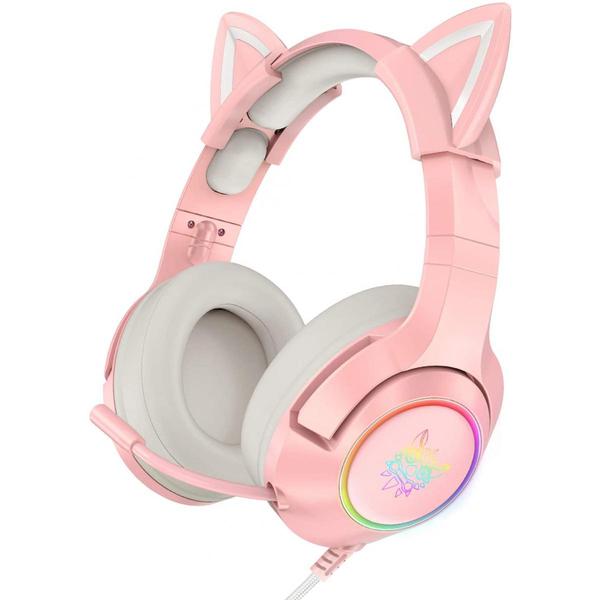 ONIKUMA Pink Gaming Headset with Removable Cat Ears, for PS5, PS4, Xbox One (Adapter Not Included), Nintendo Switch, PC, with Surround Sound, RGB LED Light & Noise Canceling Retractable Microphone