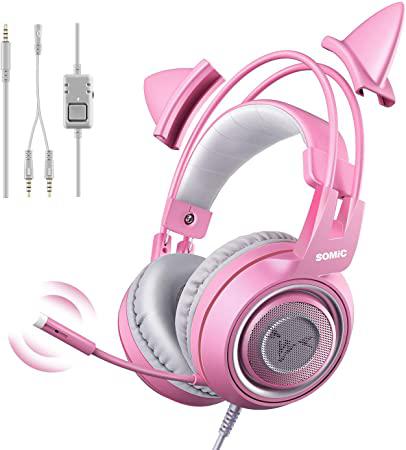 SOMIC G951s Casque de jeu stéréo rose avec micro pour PS4, Xbox One, PC, téléphone portable, 3,5 mm de son Écouteurs d&#39;oreille de chat amovibles légers et auto-ajustables pour femmes