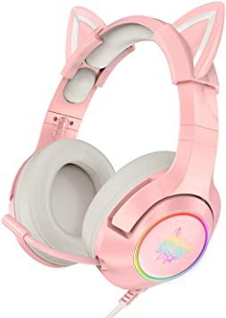 Casque de jeu rose ONIKUMA avec oreilles de chat amovibles, pour PS5, PS4, Xbox One (adaptateur non inclus), Nintendo Switch, PC, avec son surround, lumière LED RVB et microphone rétractable antibruit