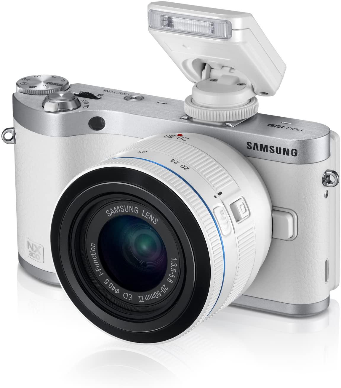 Appareil photo numérique sans miroir Samsung NX300M 20,3MP CMOS WiFi et NFC intelligent avec objectif 18-55 mm et écran tactile AMOLED 3,3" (blanc)