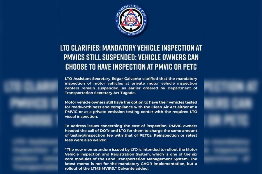 LTO clarifies: Mandatory vehicle inspection at PMVICs still suspended