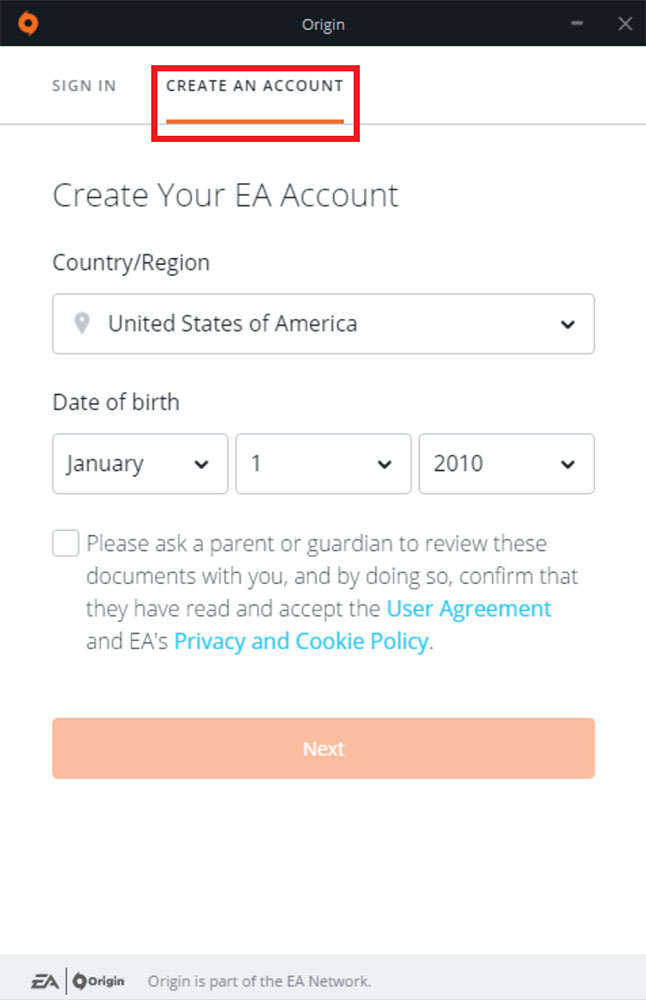 Origin - How to set up an underage EA Account for your child 