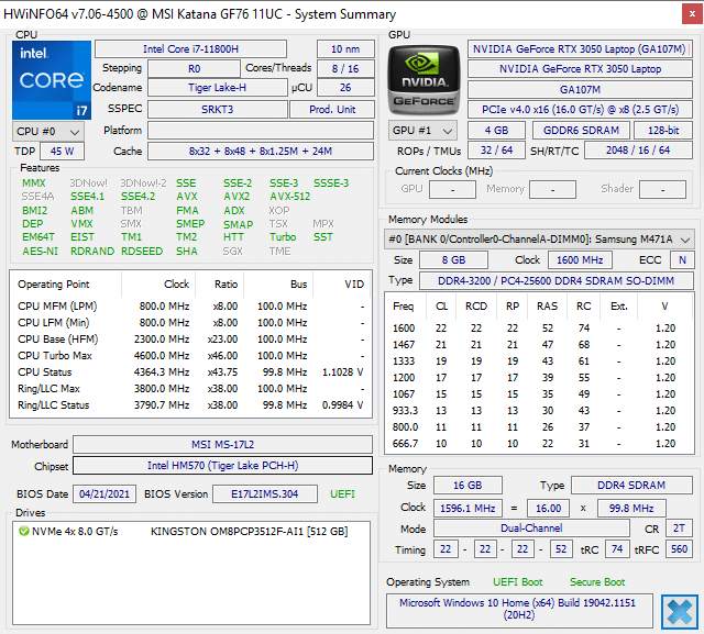 Test Intel Core i7-11800H - Intel revient dans la course (MSI Katana GF76) 