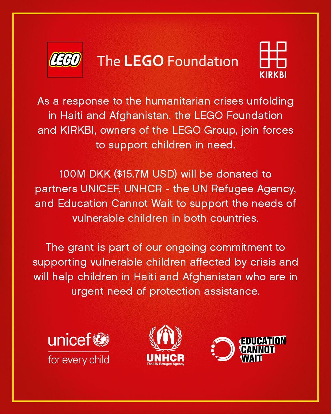 LEGO Foundation dona más de 13 millones de euros para niños de Afganistán y Haití