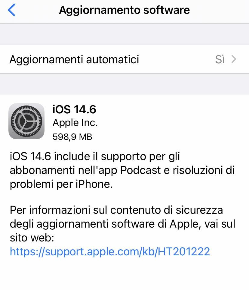 Apple ha rilasciato aggiornamento a iOS 14.6 and iPados 14.6 