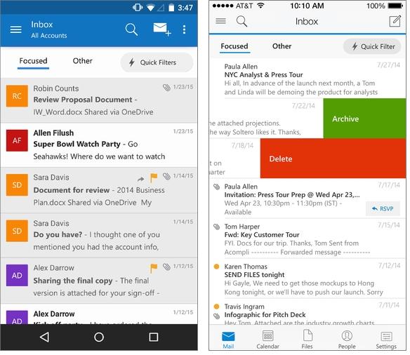 MS、iOSおよびAndroid版「Microsoft Outlook」アプリを提供--「Gmail」などをサポート 