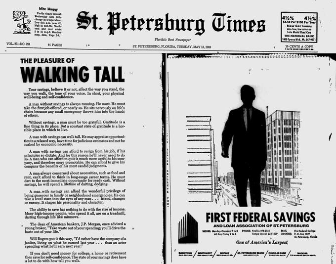 Человек без сбережений вынужден всегда бежать — реклама банка в газете 1969 года 