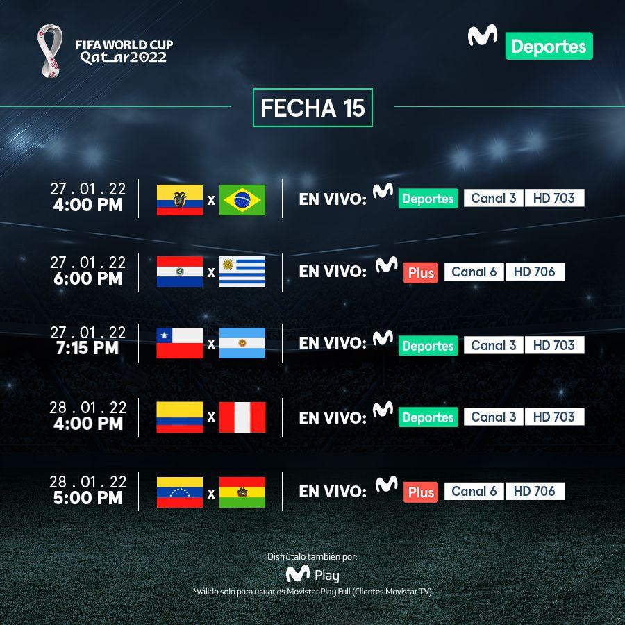 Programación Movistar Deportes EN VIVO: los partidos de fecha 15 de Eliminatorias Qatar 2022 
