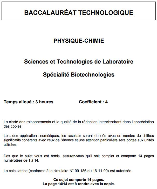 Sujet et corrigé Physique Chimie – Bac STL Biotechnologies