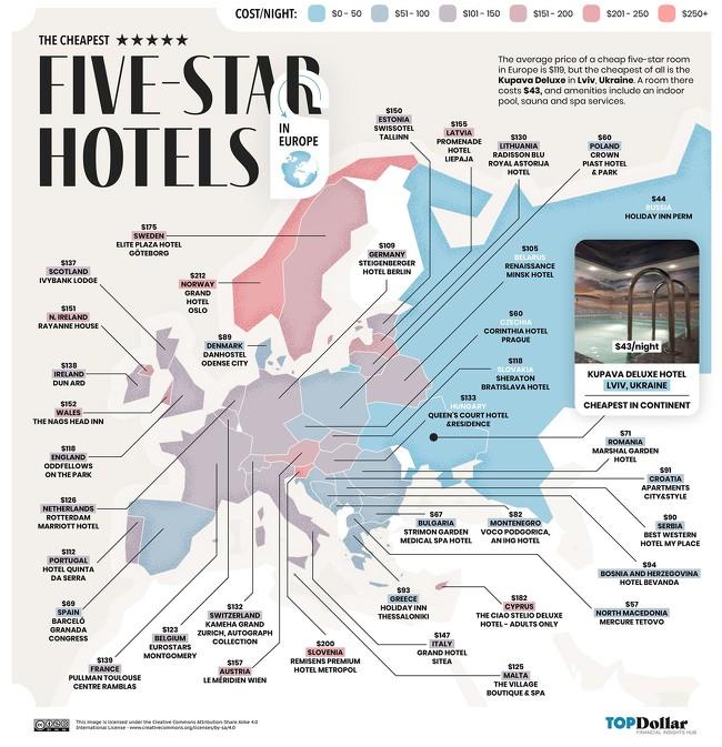 El mapa con los hoteles de cinco estrellas más baratos de cada país 