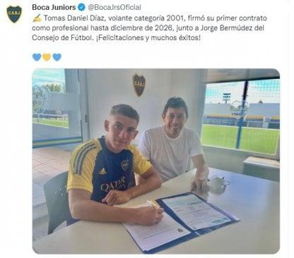 Boca Juniors le firmó el primer contrato a Tomás Díaz, hijo del Cata y una de las joyas de las Inferiores 