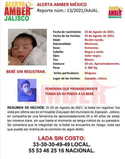 Activan Alerta Amber para localizar a bebé que fue robada de un hospital en Jalisco 
