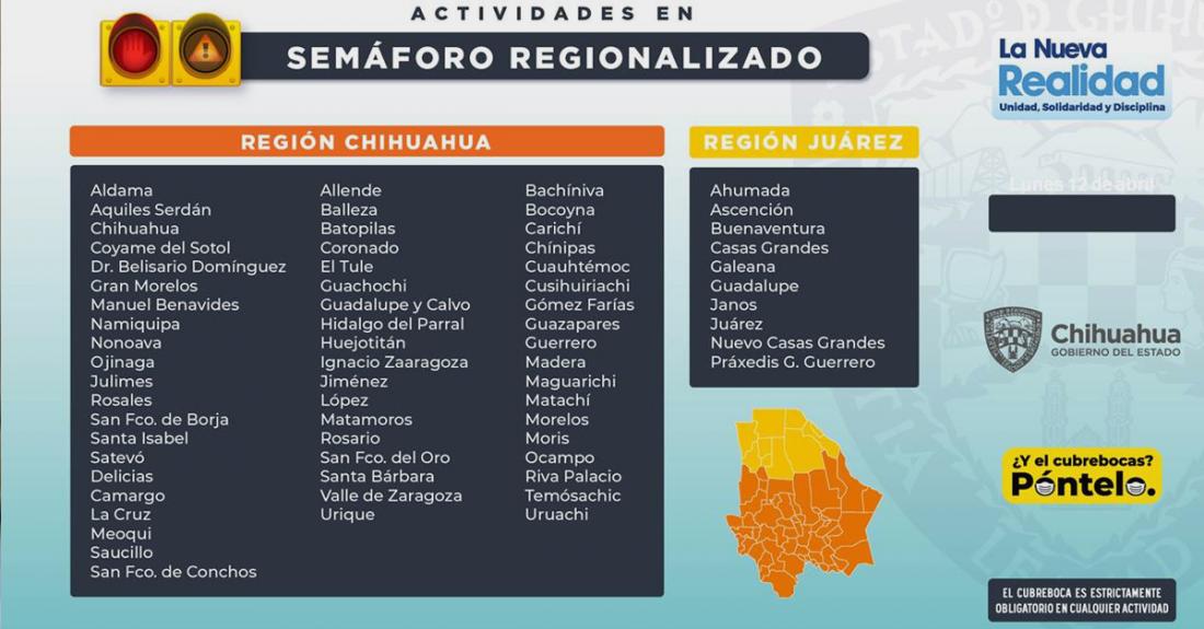Región Chihuahua regresa a semáforo naranja y se suspenden eventos masivos 