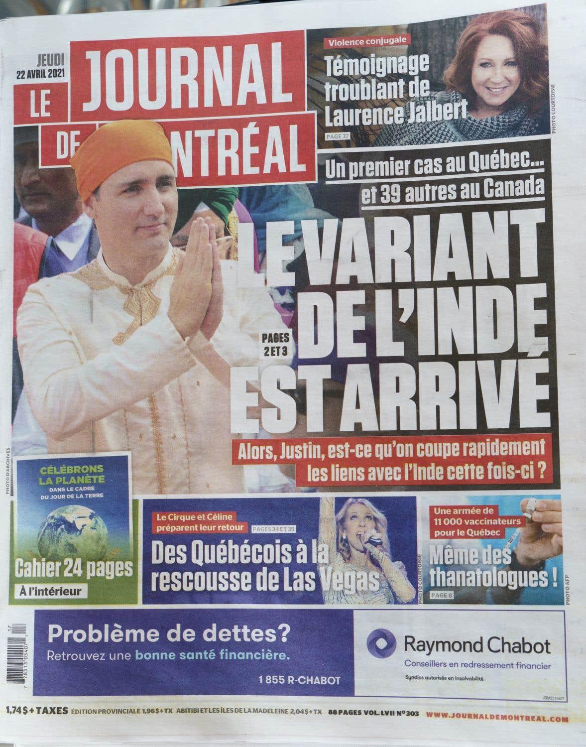 «Le Journal de Montréal» publie une première page controversée sur le variant «indien» B.1.617 Recevez les alertes de dernière heure du Devoir