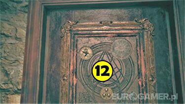Resident Evil Village - zagadka: dom Beneviento - manekin, kod, pozytywka, projektor, drzwi z symbolami