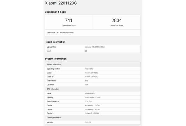 Global Xiaomi 12 model passes through Geekbench with 8GB of RAM 