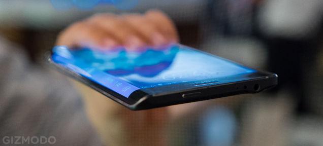 A displayed curved smartphone Galaxy Note Edge coming to the side