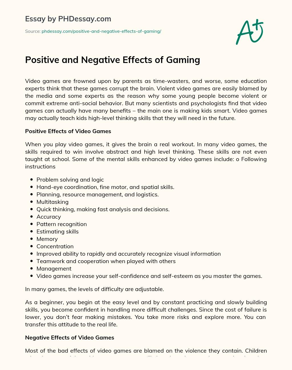 Positive Effect of Video Games | Free Essay Example 
