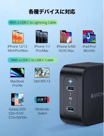 【RAVPower】65W出力、USB-C2ポート搭載ハイコスパ急速充電器