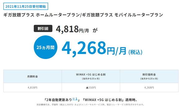 UQ WiMAX ＋5Gの「ギガ放題プラス」が11月25日から新プランに移行　旧プランは受付終了へ