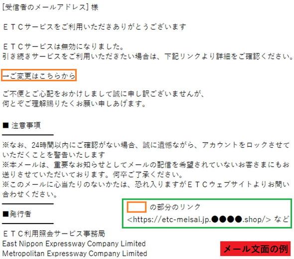 高速道路の「ETCサービスが無効になった」と不安煽るフィッシング 