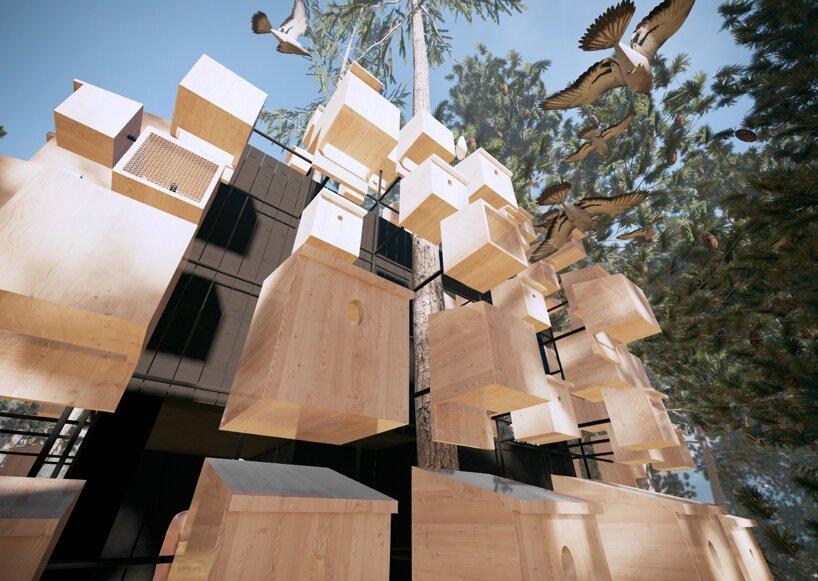 BIG designs treetop hotel room with a façade of bird nests in sweden 