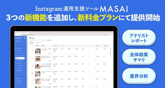 Instagram運用支援ツール「MASAI」、3つの新機能を追加し、新料金プランにて提供を開始