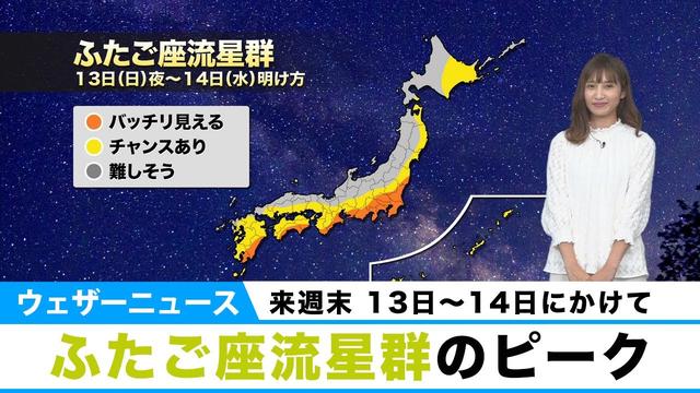  3大流星群のひとつ「ふたご座流星群」 週明けに活動ピーク 