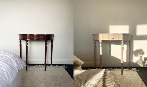 The half moon console table upcycle of dreams – with cowhide design detail