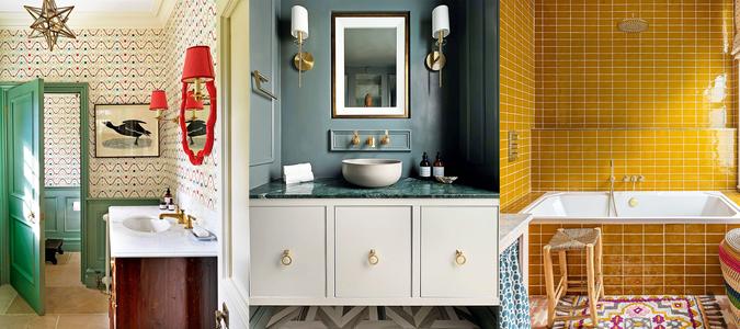Color-blocking tranforms beige bathroom into bold and graphic space
