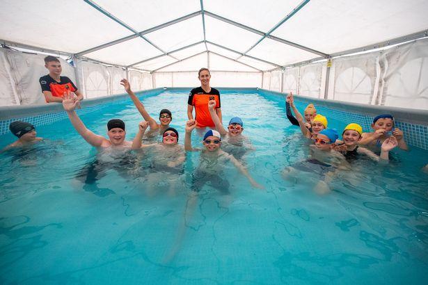 Giant inflatable swimming pool set up at Stoke-on-Trent school 