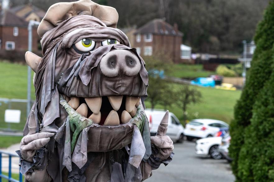 8ft Wipesaur visiting Junction 32 with 'bin it, don't block it' message from Yorkshire Water 