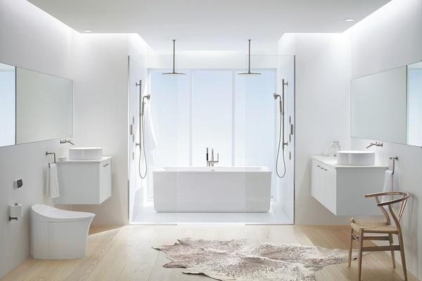 Create a trendy bathroom with a white color palette