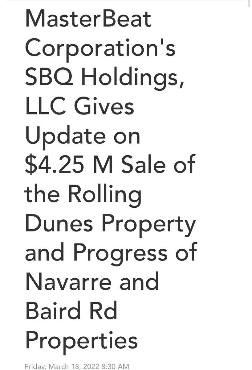 MasterBeat Corporation's SBQ Holdings, LLC Gives Update on $4.25 M Sale of the Rolling Dunes Property and Progress of Navarre and Baird Rd Properties