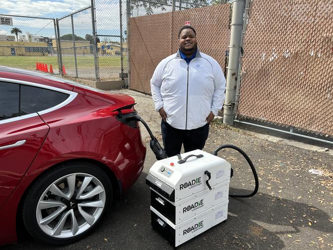 This electric car charging station comes to you