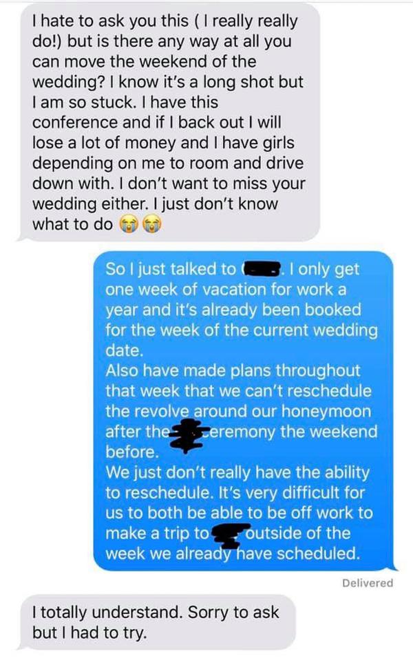 'My sister should change her wedding date if she wants me to be there'