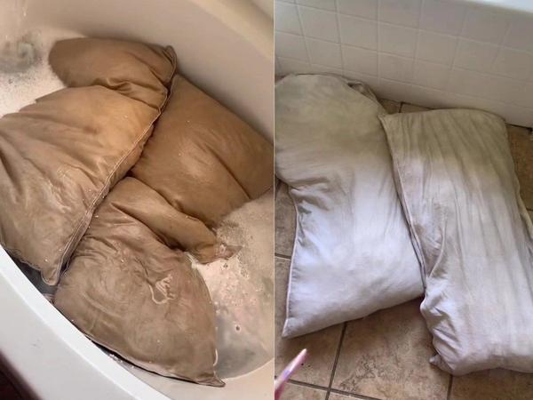 Woman shares disgusting strip wash of husband's scummy five-year-old pillows