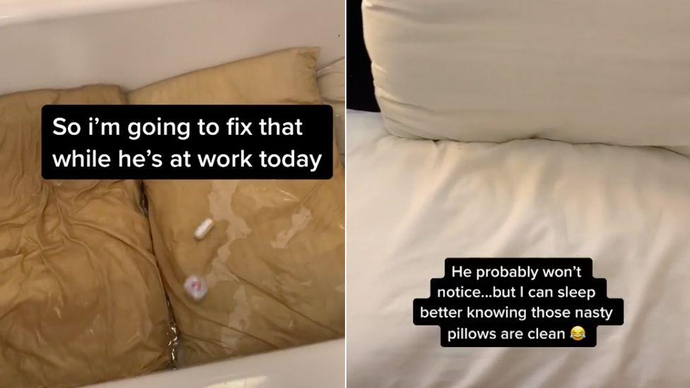 Woman shares disgusting strip wash of husband's scummy five-year-old pillows 