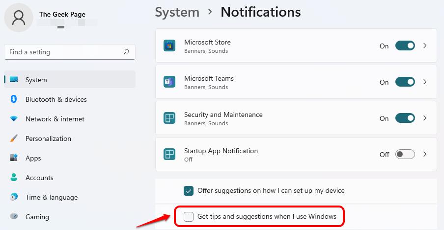 How to disable tips and suggestions notifications in Windows 11 