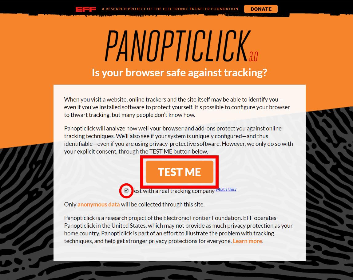 "PANOPTICLICK" review that allows you to check how much the browser you are using is protected from advertising and tracking.