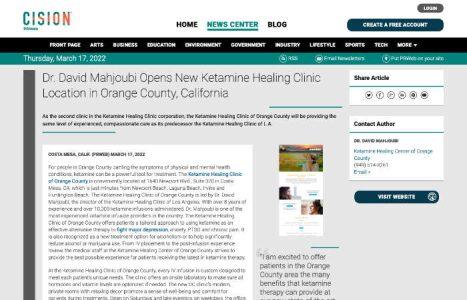 Dr. David Mahjoubi Opens New Ketamine Healing Clinic Location in Orange County, California 