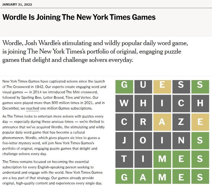  NYタイムズが人気の単語ゲーム「Wordle」を買収、数億円で