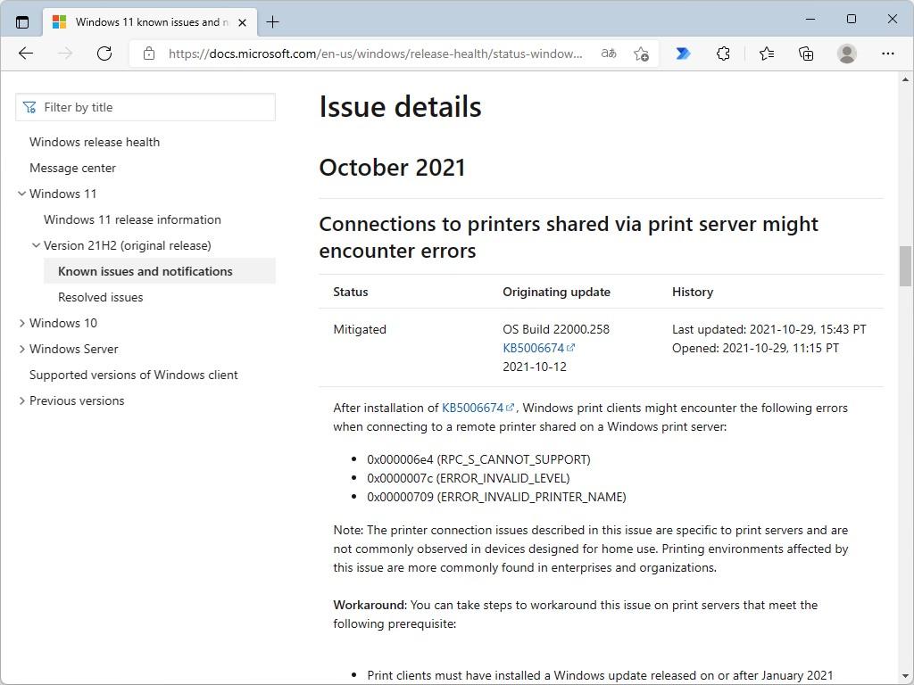 2021年10月の月例Windowsパッチに問題、リモートプリンターへの接続でエラー