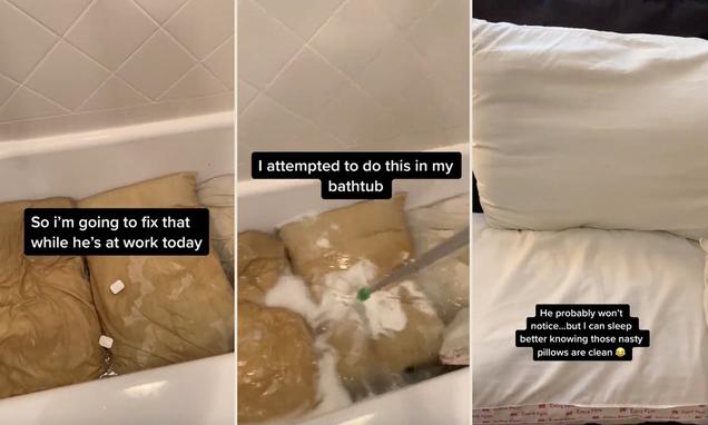 Video of woman washing her boyfriend's pillows for the first time in 10 YEARS horrifies social media