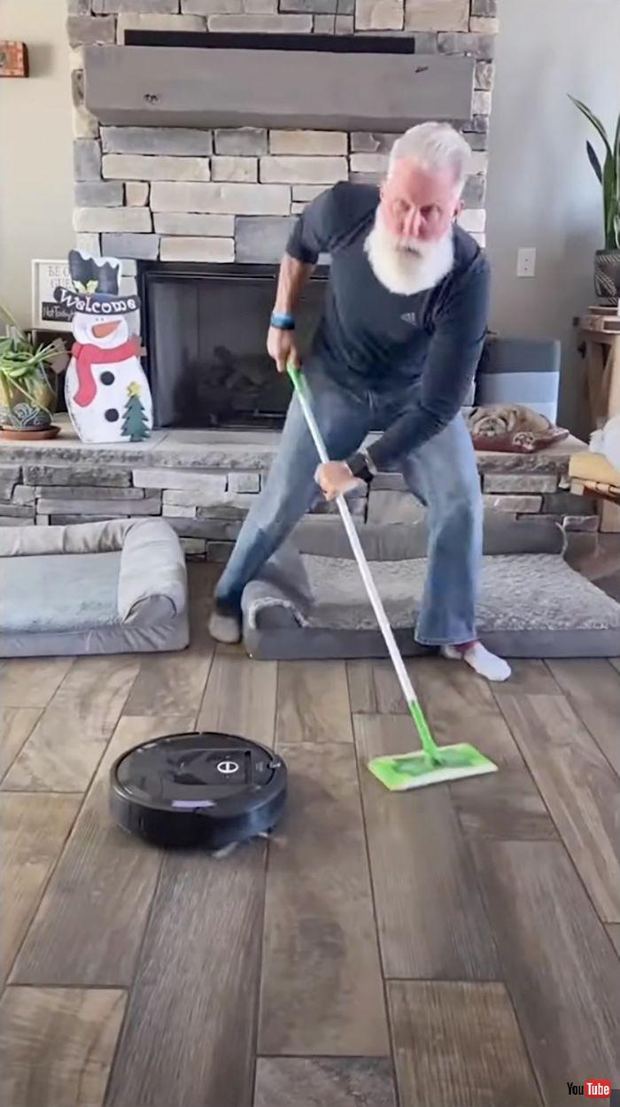 Grandpa who enjoys curling at home seems to be fun.