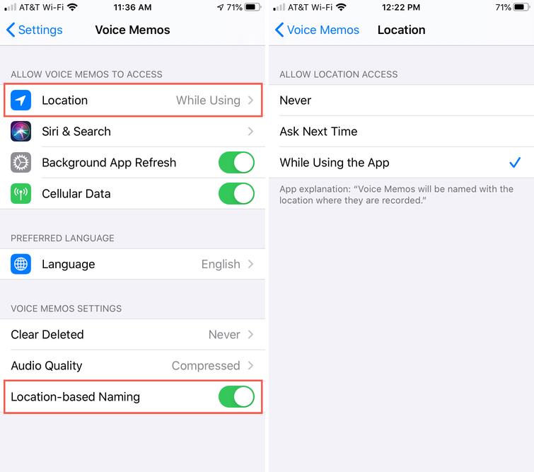 How to disable location-based naming for Voice Recordings in iPhone 