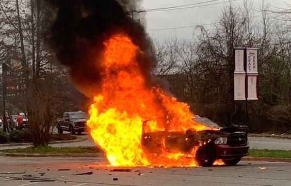 Truck catches fire in China King Buffett parking lot on Lowes Drive