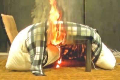 The fire of the burning of the building is also caused by a kotatsu.Correct usage