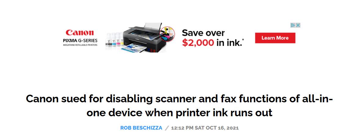 Canon sued for disabling scanner and fax functions of all-in-one device when printer ink runs out